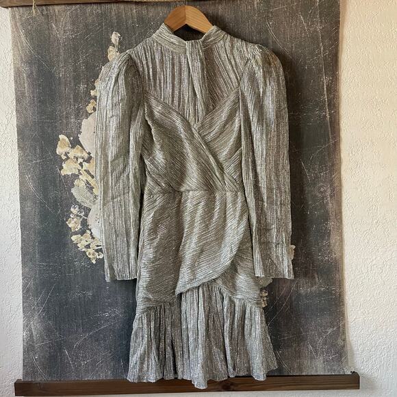 Saylor Saydee Silver Metallic Plisse Jacquard Mock Neck Party Mini Dress Size XS - Picture 6 of 9